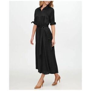 Calvin Klein Women's Black Tie-sleeve Jacquard Shirtdress Midi dress with pocket